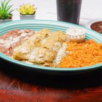Enchiladas Suizas · Your choice of shredded chicken, shredded beef, or cheese enchiladas and green tomatillo sau...