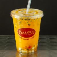Passion Fruit Juice · Passion fruit flavor juice with passion fruit seeds and rainbow jellies.
