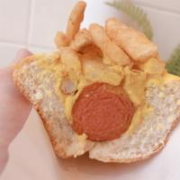 Wagyu Beef Hot Dog · Wagyu Beef Hot Dog served “Gene n Jude’s Style” w Yellow Mustard and Fries.