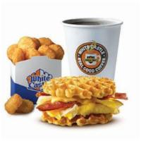 Belgian Waffle Slider Meal · 1 Belgian waffle slider, small hash brown nibblers and small coffee.