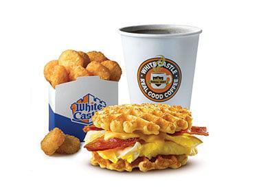 Belgian Waffle Slider Meal · 1 Belgian waffle slider, small hash brown nibblers and small coffee.