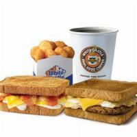 Breakfast Toast Sandwich Combo · 2 breakfast toast sandwiches, small hash brown nibblers and small coffee.