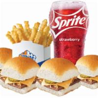 Cheese Slider Meal · 4 cheese sliders with small french fries and small soft drink.