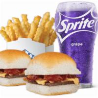 Bacon Cheese Slider Meal · 2 bacon cheese sliders with small french fries and small soft drink.