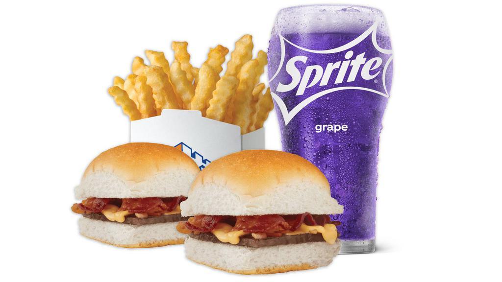 Bacon Cheese Slider Meal · 2 bacon cheese sliders with small french fries and small soft drink.