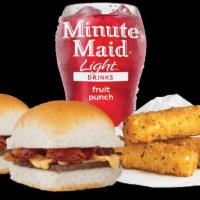 Cheese Craver's Meal · 2 bacon cheese sliders, 3 piece cheese sticks and small soft drink.