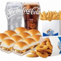 Chicken and Cheese Meal · 20 piece chicken rings, 10 cheese sliders, 1 sack of french fries, and 2 small soft drinks.
