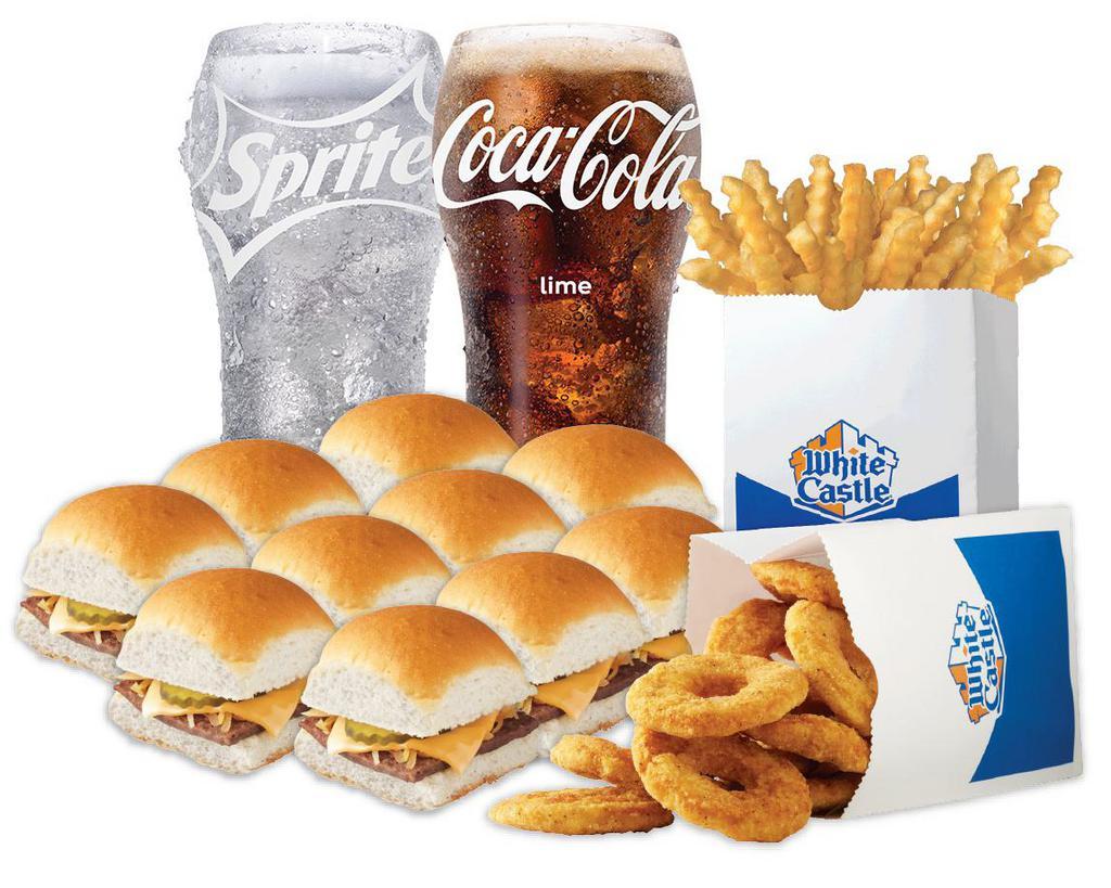 Chicken and Cheese Meal · 20 piece chicken rings, 10 cheese sliders, 1 sack of french fries, and 2 small soft drinks.