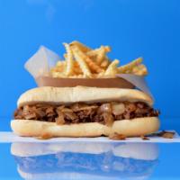 Steak Sandwich Combo · Classic Philly steak and grilled onions on a toasted Amoroso roll. Served with side of fries.