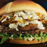 Black & Bleu Burger · A true knife-and-fork burger. Sautéed, blackened portobello mushrooms, caramelized onions, h...