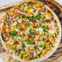 Chili Paneer Pizza · Marinated paneer, spicy curry sauce, mozzarella cheese, bell peppers, tomatoes, onions, and ...