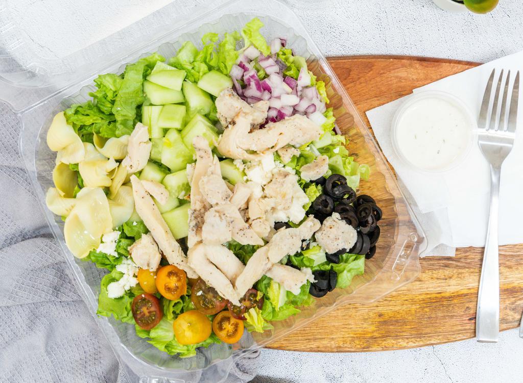 Chicken Salad · Diced chicken, romaine lettuce, cherry tomatoes, and cucumbers.