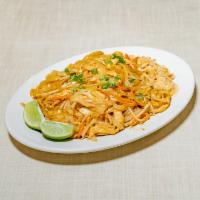 Pad Thai with Chicken · Sautéed thin rice noodles with eggs, bean sprouts and green onion, topped with crushed peanu...