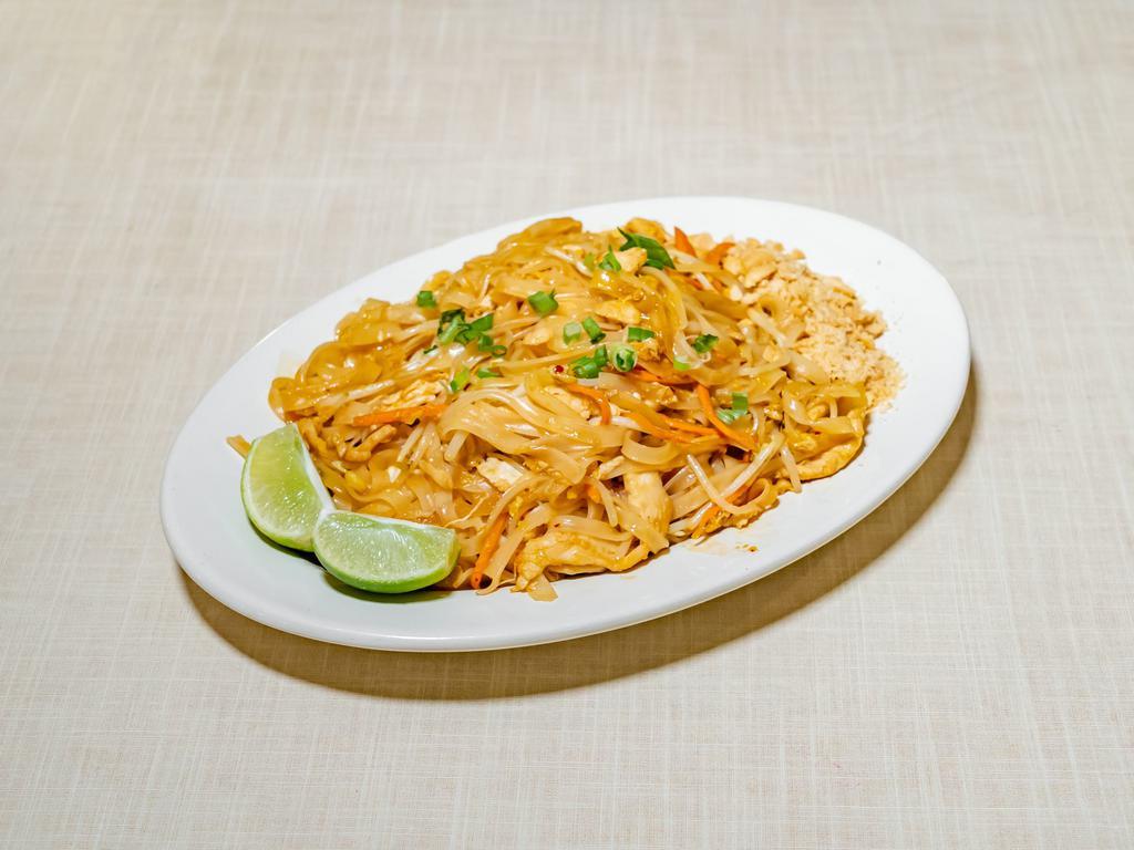 Pad Thai with Chicken · Sautéed thin rice noodles with eggs, bean sprouts and green onion, topped with crushed peanuts. Stir fried rice noodle dish.