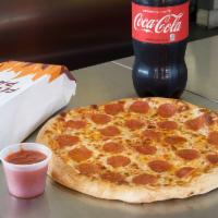Combo #1 · Large pepperoni or cheese pizza, bread stix combo with 1 dipping sauce and one 2-liter soda.
