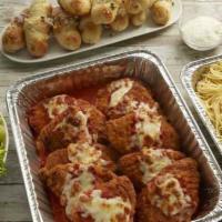 Chicken Parmesan Family Meal · Breaded chicken breast baked with mozzarella cheese, served with our homemade tomato sauce a...