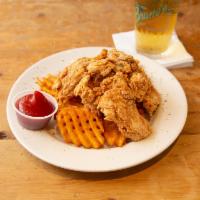 Chicken Finger Basket · Breaded and fried chicken tenders served over a bed of waffle fries and choice of dipping sa...