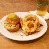 Black Jack Chicken Club · Blackened chicken breast topped with crispy bacon, pepper jack cheese and fried onion rings.