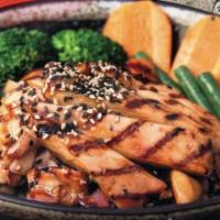 Chicken Teriyaki Poke Bowl · Grilled teriyaki chicken over steamed rice and steamed veggies.