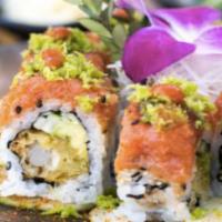 Hot Night Roll · Shrimp tempura and cucumber roll with spicy tuna on top. Spicy.