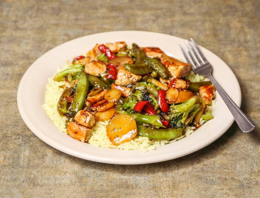 Chicken Stir Fry · Marinated chicken breast sauteed with vegetables in teriyaki sauce and served over rice or pasta. Served with soup, salad or coleslaw.