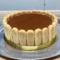 Small Tiramisu Cake · Coffee soaked cake filled with velvety coffee mascarpone cheese mousse garnished with lady f...