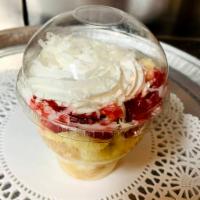 Tres Leches Cup with Strawberries · Italian cream layer with sweet condensed milk, evaporated milk, heavy cream soaked cake topp...