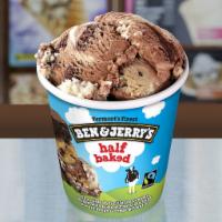 Half Baked · Chocolate and Vanilla ice cream with fudge brownie batter and chocolate chip cookie dough.