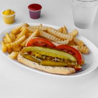 Chicago Style Dog · Vienna Beef hot dog. Comes with relish, mustard, onions, pickles, tomato, celery salt, sport...