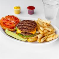 Char Double Burger · All burgers come with lettuce, tomato, onions, pickle, ketchup, mustard, mayo.
