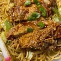 Hawaiian Fried Noodz with KFC cutlet · Fried season noodles with spam, fish cake, and cabbage. Topped with Korean fried chicken cut...
