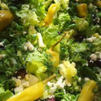 Greek Salad · Romaine lettuce, feta cheese, Kalamata olives, pepperoncini, dill, scallions, and balsamic v...