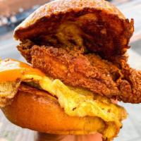 Marcy's Breakfast Sandwich Fried Chicken · Made to order! French Toast challah bun with egg, cheese and fried chicken.
Served with fries 