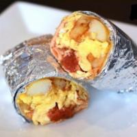 Breakfast Burrito · Two eggs, cheese, potato and salsa.