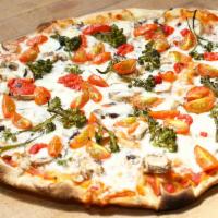 Vegetarian Pizza · Tomato, Kalamata olives, spinach, mushrooms and cherry tomatoes.