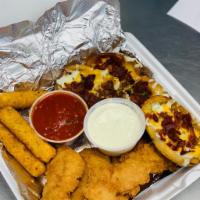 Sampler plate  · Delicious way to get a taste of many dishes.. Mozzarella sticks, chicken wings, potato skins...