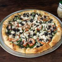 Greek Athenian Pizza · Garlic sauce, mozzarella cheese, feta, tomatoes, black olives, spinach and sprinkled garlic.