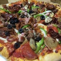 The Fio Pizza Pizza · Pepperoni, sausage, onions, green peppers, mushrooms, black olives, ham, bacon, hamburger an...