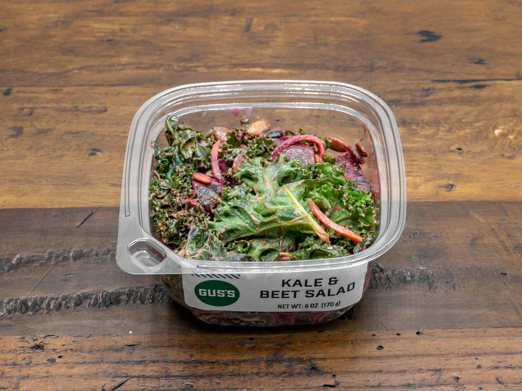 6 oz. Kale and Beet Salad ·  Beets, kale, carrots, pumpkin seeds, and balsamic vinaigrette.