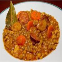 Lentil with Spanish Chorizo Soup · Lentils, Spanish chorizo, onions, celery, carrots, bell peppers, bacon and chicken stock.