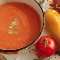 Gazpacho Soup · Tomatoes, peppers, onions, croutons, olive oil and red vinegar. Served cold. 