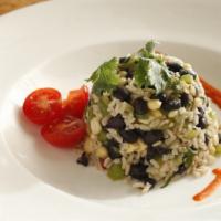 Summer Lime Rice Salad · Basmati rice, black beans, yellow corn, red onions, cherry tomatoes, green bell peppers, cil...