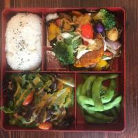 Mixed Vegetables Bento Box · Served with miso soup and mixed greens salad.