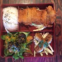 Pork Katsu Bento Box · Served with miso soup and mixed greens salad.