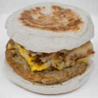 Breakfast Sandwich · English muffin, sausage patty, hash brown, eggs, bacon and cheese.