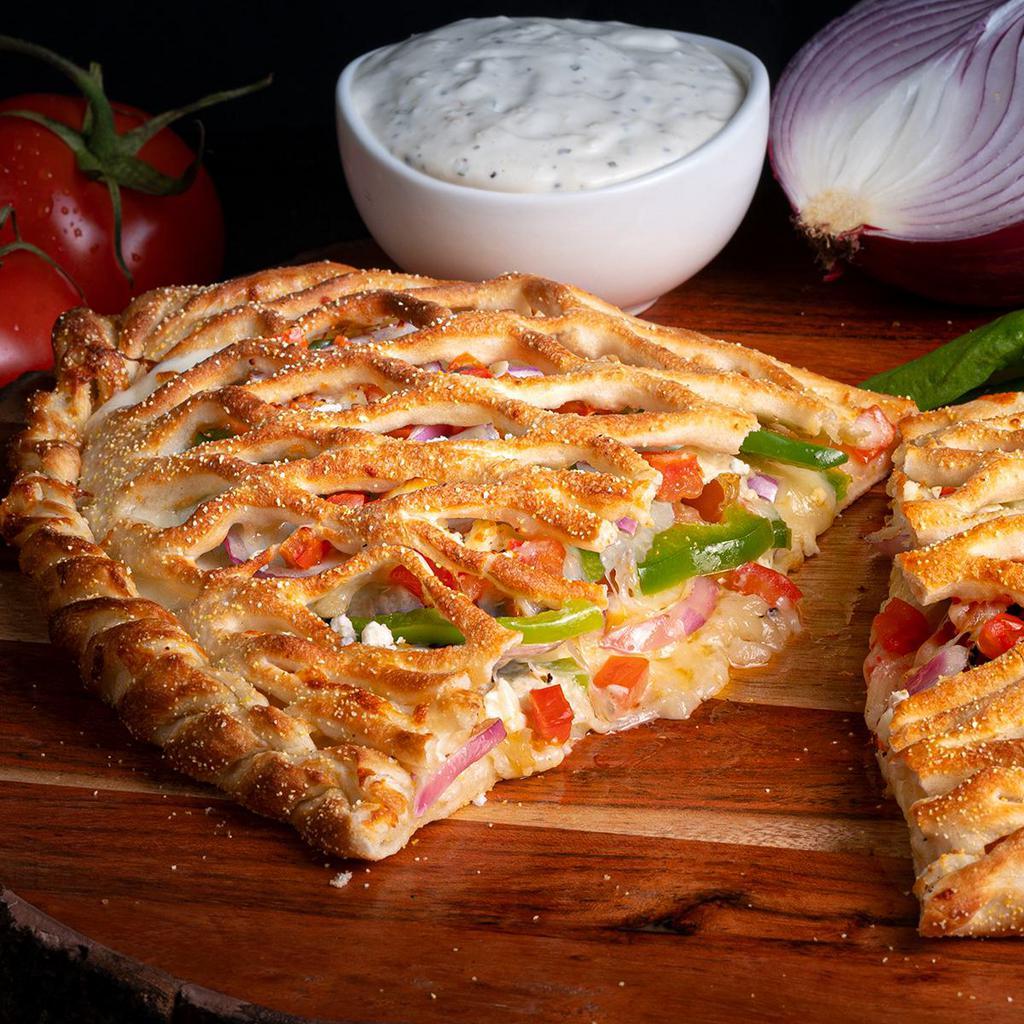 Mendocino · Signature crust, garlic white sauce, mozzarella, feta cheese, green bell peppers, red onions, fresh diced roma tomatoes, and fresh garlic.