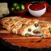 Jalepeno Stuffed Cheesy Bread · Signature crust, signature garlic white sauce, mozzarella, garlic parmesan seasoning, and ja...