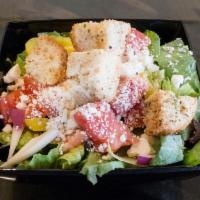 Greek Salad · Romaine lettuce, red onions, cucumbers, tomatoes, banana peppers, black olives, feta cheese ...