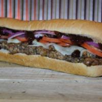 Tempeh BBQ Sandwich · 5-grain tempeh, provolone cheese, red onions, tomatoes and BBQ sauce.