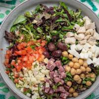 Signature Chop Salad · organic mixed greens, tomatoes, mozzarela, provolone, grilled chicken, salami, chickpeas, ol...